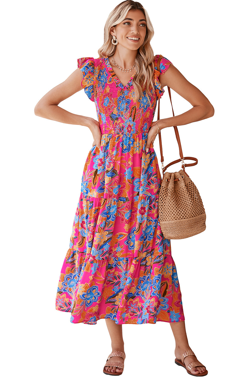 Rose Red Boho Floral V Neck Ruffle Tiered Long Dress - MAD RUFFI