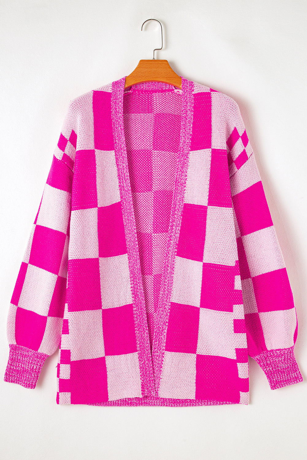 Rose Red Checkered Printed Ribbed Trim Open Front Cardigan - MAD RUFFI