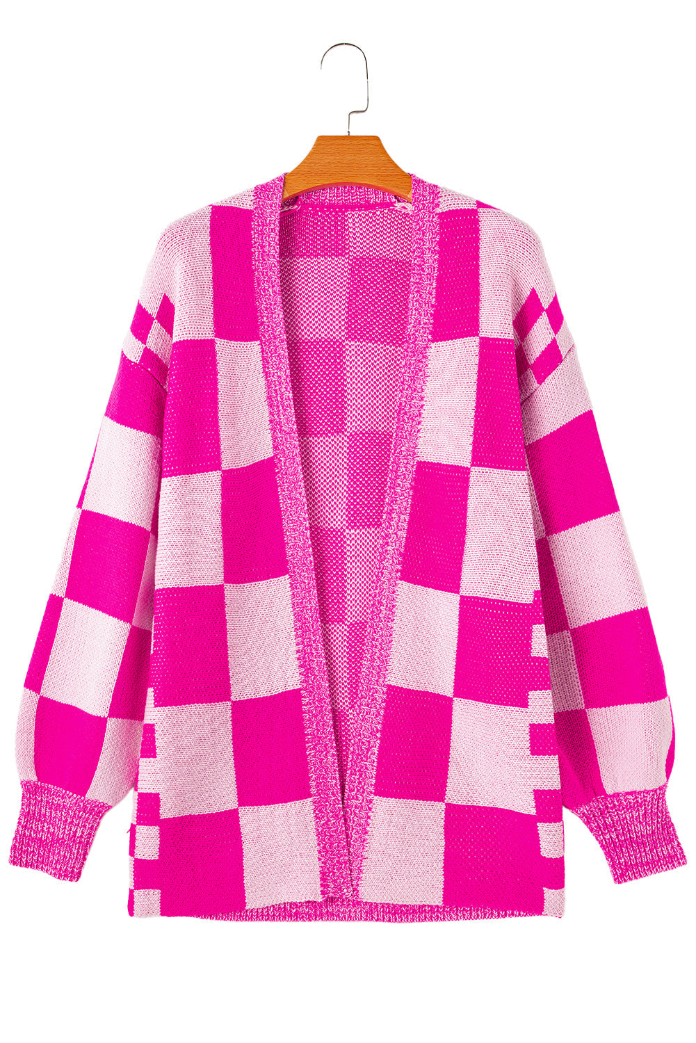 Rose Red Checkered Printed Ribbed Trim Open Front Cardigan - MAD RUFFI