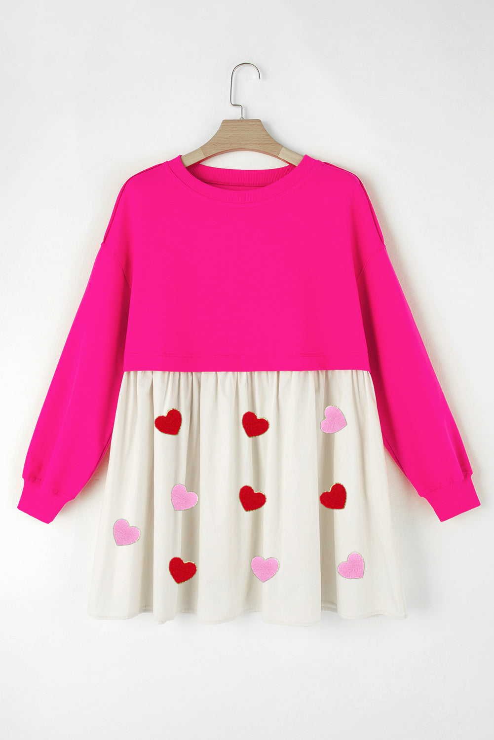 Rose Red Chenille Heart Graphic Patchwork Hem Mini Sweatshirt Dress - Graphic Apparel