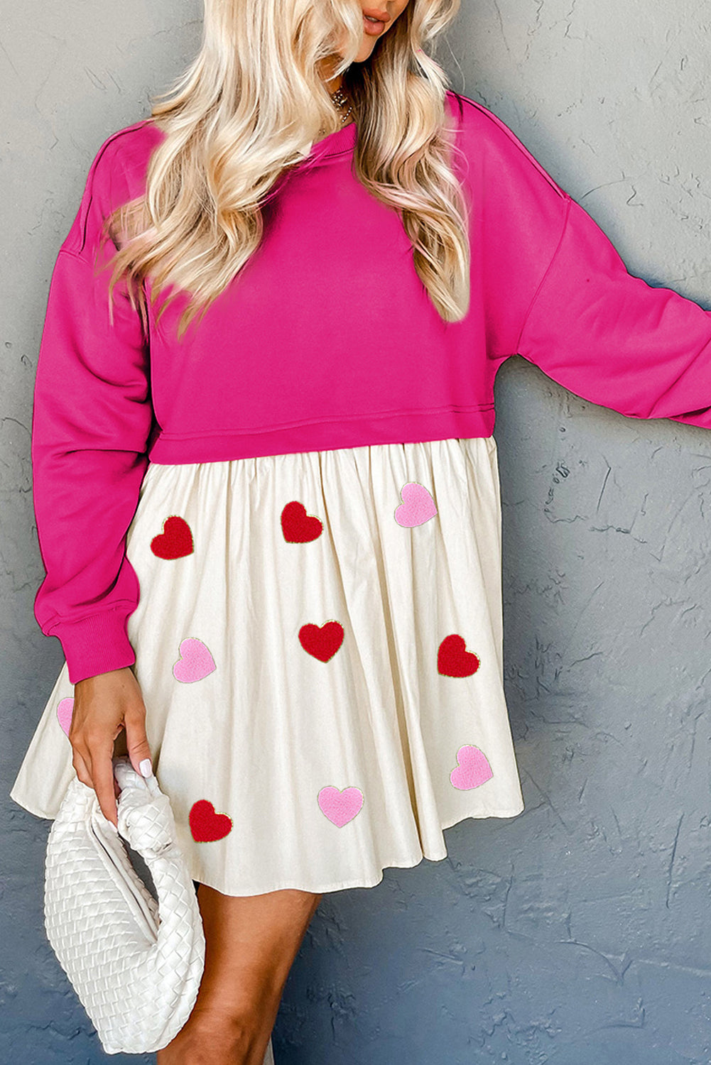 Rose Red Chenille Heart Graphic Patchwork Hem Mini Sweatshirt Dress - Rose Red / S - Graphic Apparel