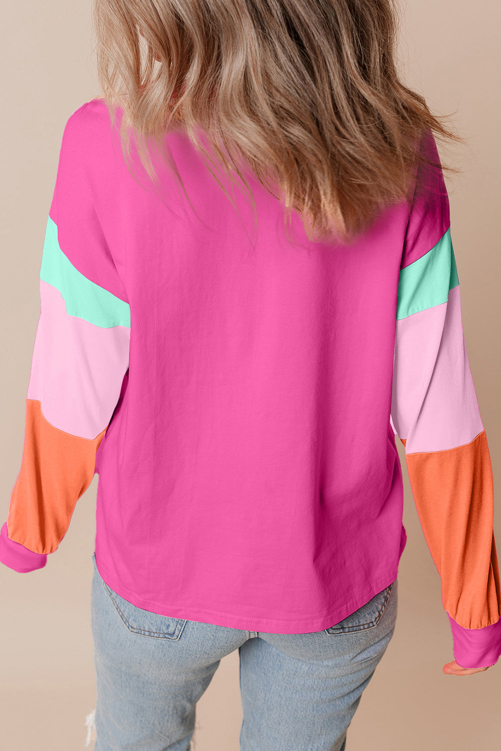 Rose Red Chenille Love Patched Colorblock Long Sleeve Crewneck Top - Graphic Tees