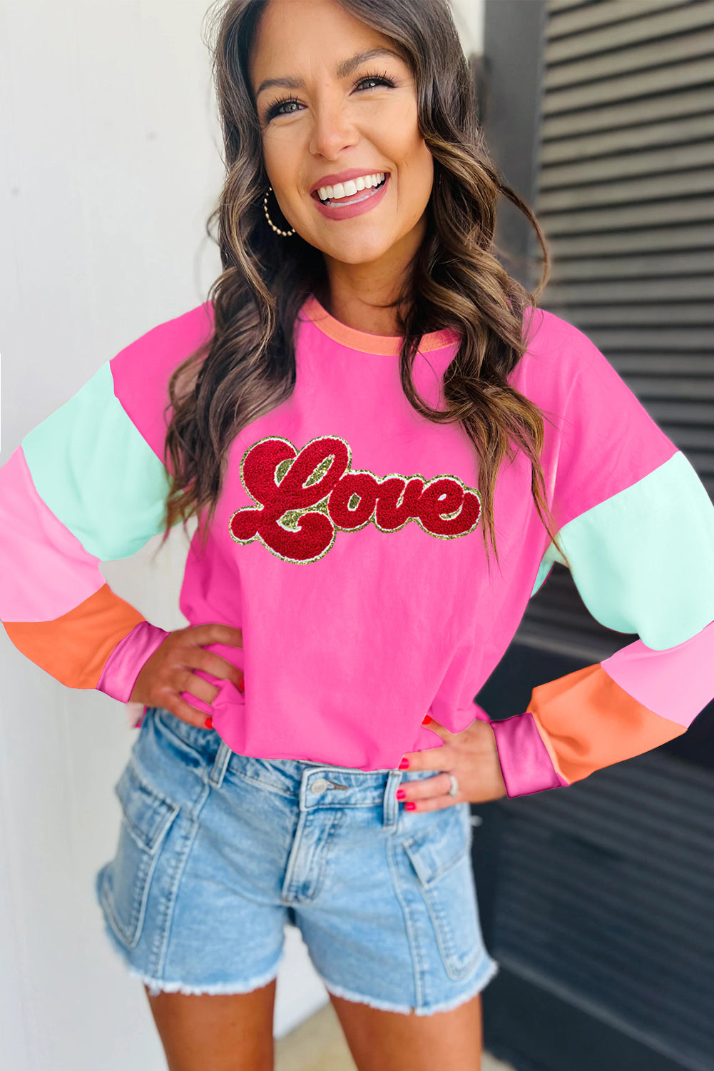 Rose Red Chenille Love Patched Colorblock Long Sleeve Crewneck Top - Graphic Tees