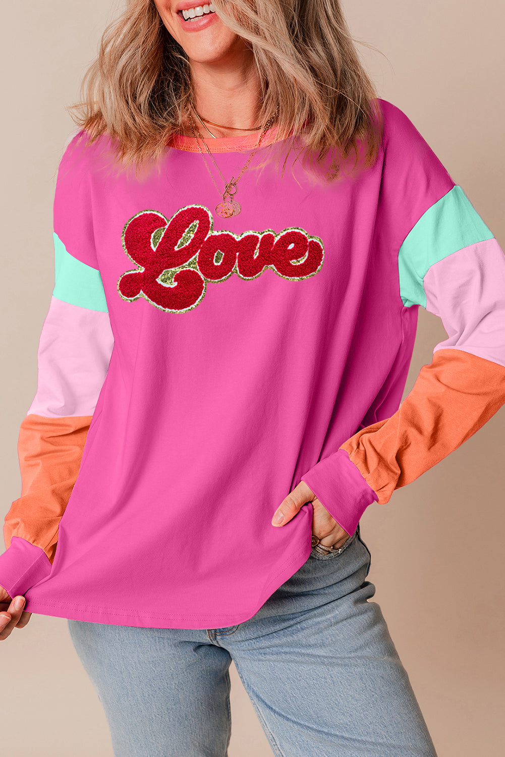 Rose Red Chenille Love Patched Colorblock Long Sleeve Crewneck Top - Graphic Tees