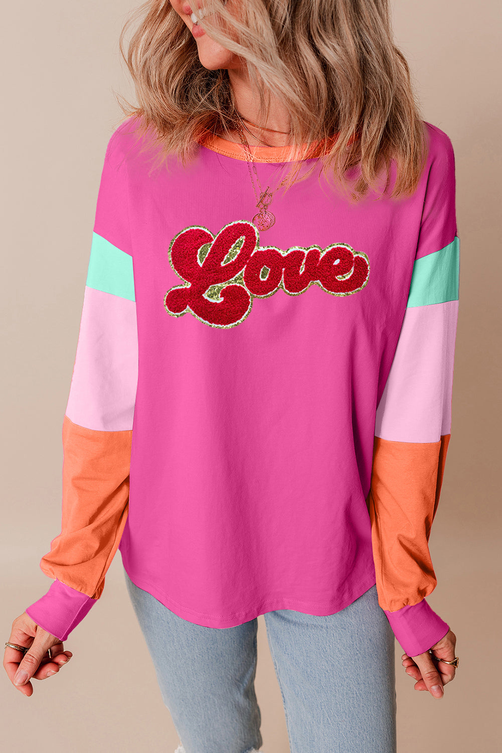 Rose Red Chenille Love Patched Colorblock Long Sleeve Crewneck Top - Graphic Tees