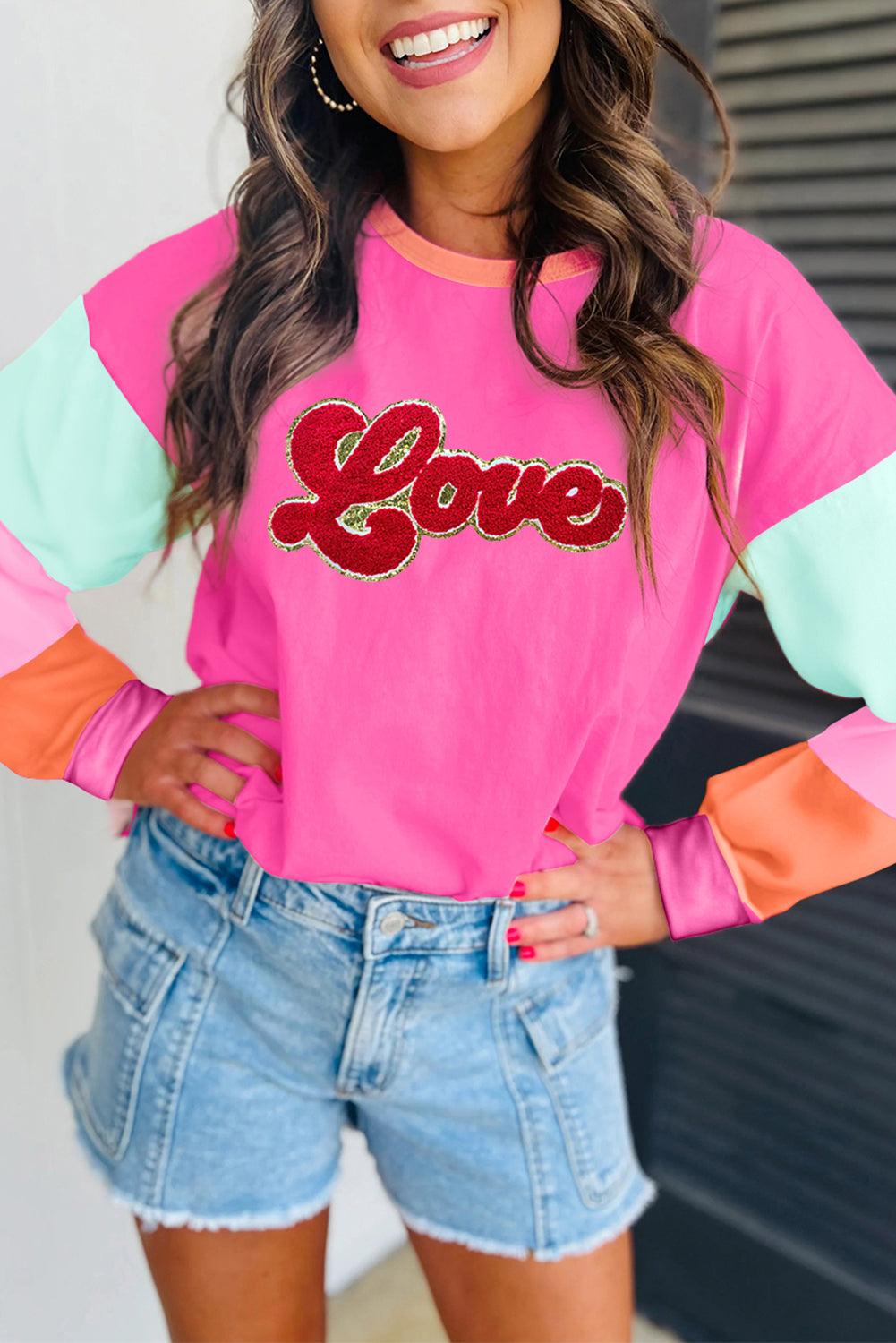 Rose Red Chenille Love Patched Colorblock Long Sleeve Crewneck Top - Graphic Tees