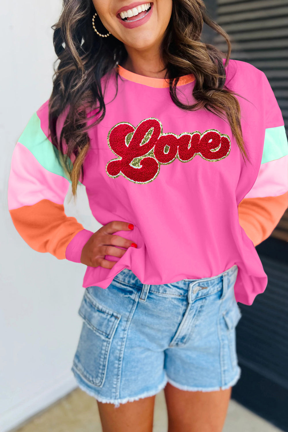 Rose Red Chenille Love Patched Colorblock Long Sleeve Crewneck Top - Rose Red / S - Graphic Tees