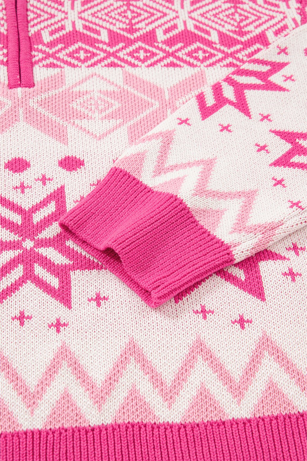 Rose Red Christmas Snowflake Quarter Zip Collard Sweater - MAD RUFFI