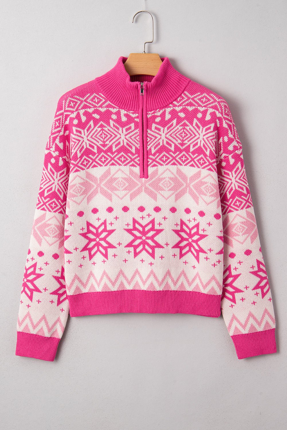 Rose Red Christmas Snowflake Quarter Zip Collard Sweater - MAD RUFFI