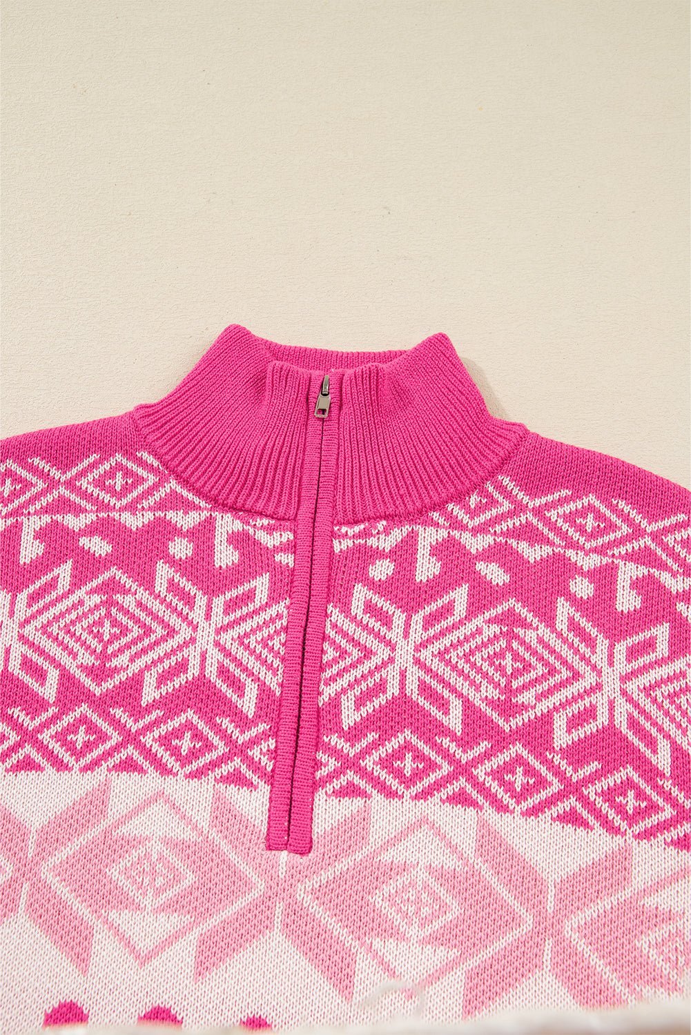 Rose Red Christmas Snowflake Quarter Zip Collard Sweater - MAD RUFFI