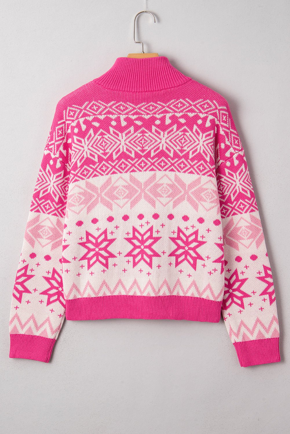 Rose Red Christmas Snowflake Quarter Zip Collard Sweater - MAD RUFFI
