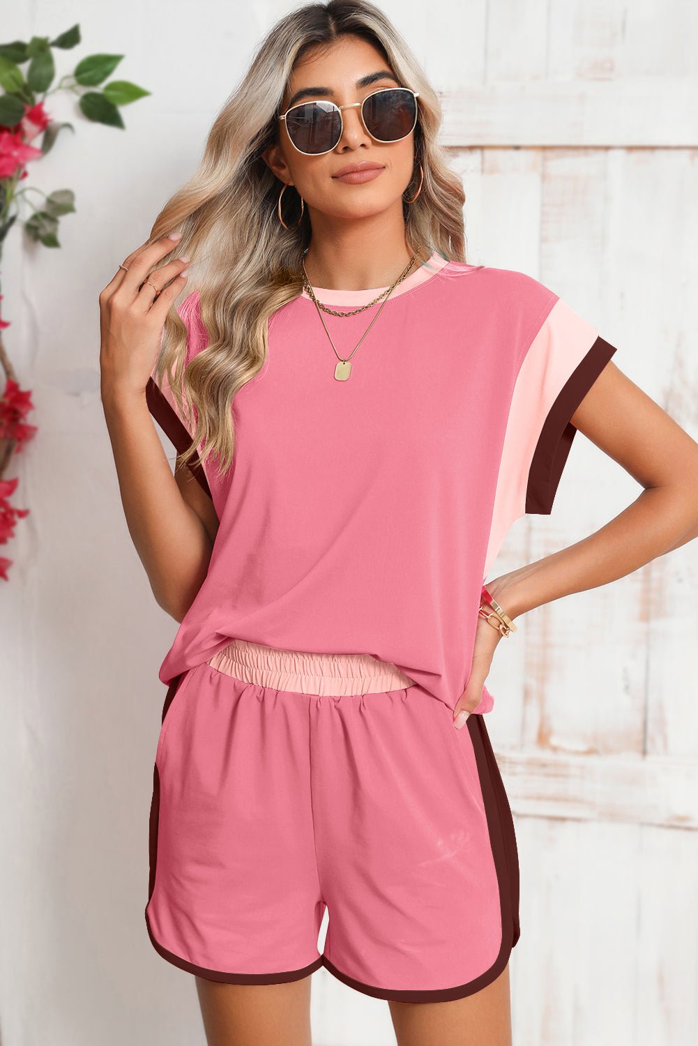 Rose Red Color Block Loose Fit Top and Elastic Waist Shorts Set - MAD RUFFI