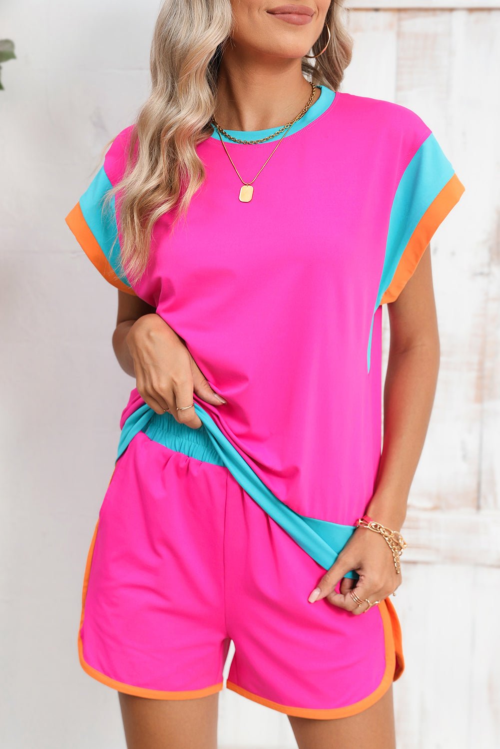 Rose Red Color Block Loose Fit Top and Elastic Waist Shorts Set - MAD RUFFI