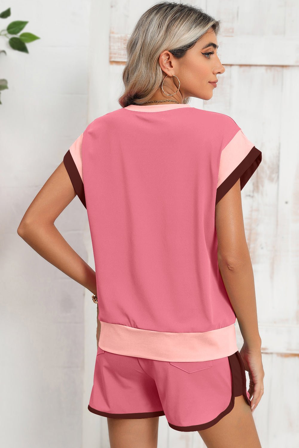 Rose Red Color Block Loose Fit Top and Elastic Waist Shorts Set - MAD RUFFI