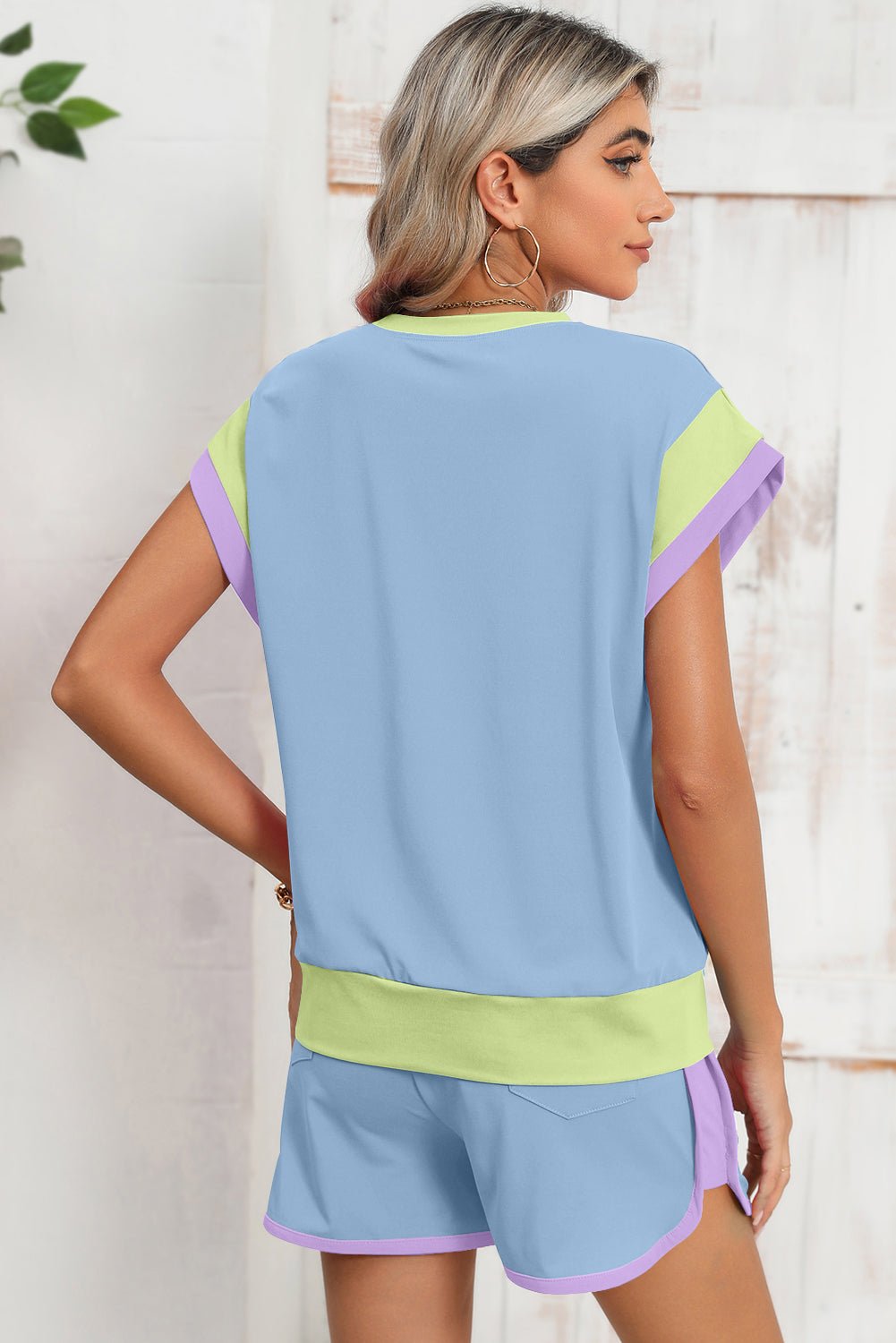 Rose Red Color Block Loose Fit Top and Elastic Waist Shorts Set - MAD RUFFI