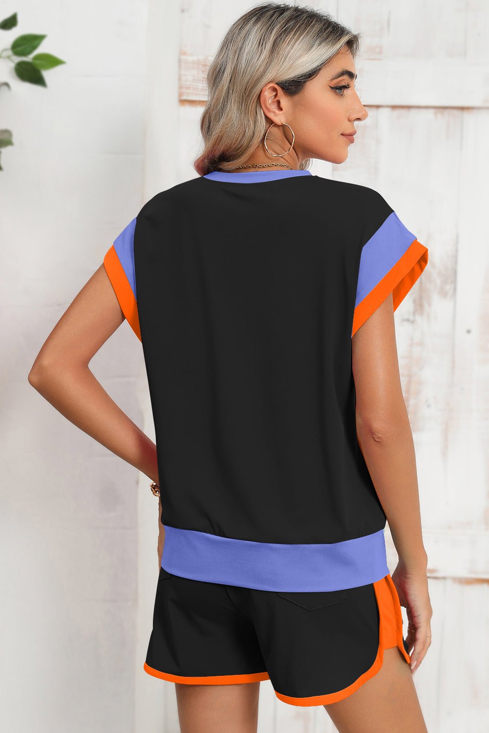 Rose Red Color Block Loose Fit Top and Elastic Waist Shorts Set - MAD RUFFI