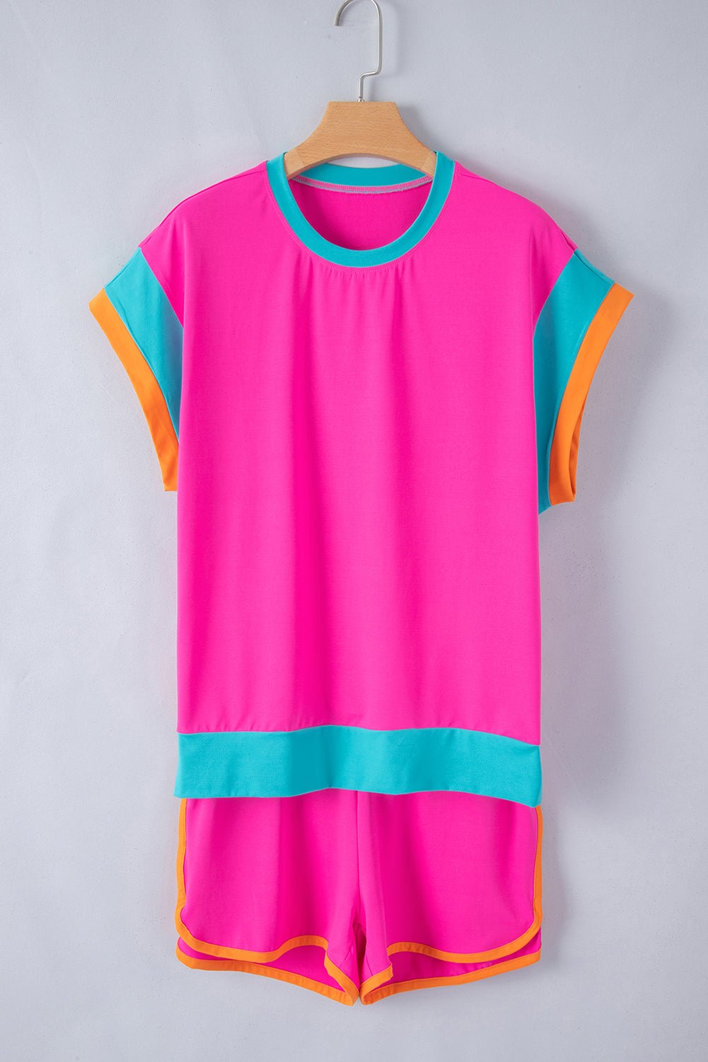 Rose Red Color Block Loose Fit Top and Elastic Waist Shorts Set - MAD RUFFI