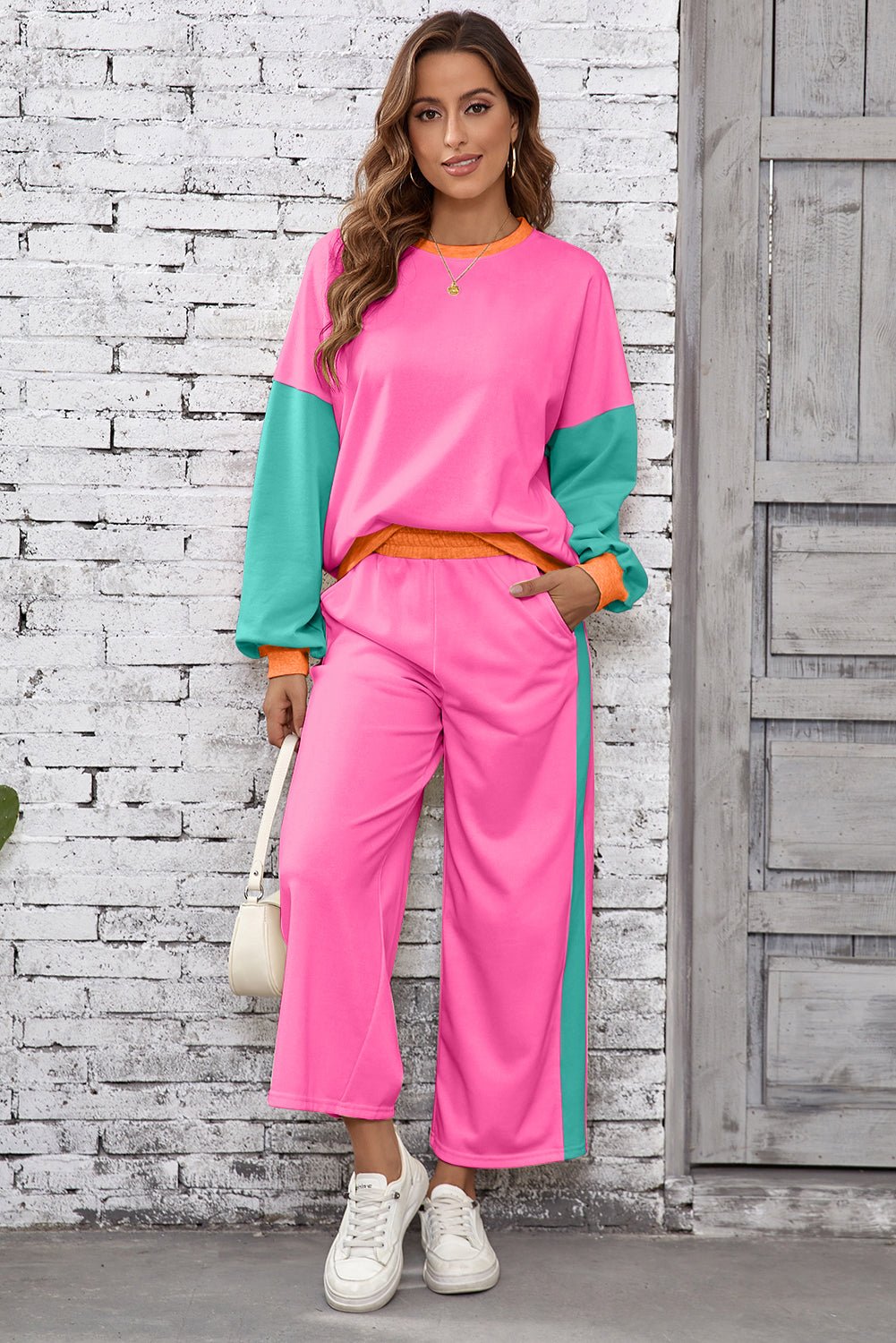 Rose Red Colorblock Patchwork Long Sleeve Top and Pants Set - MAD RUFFI