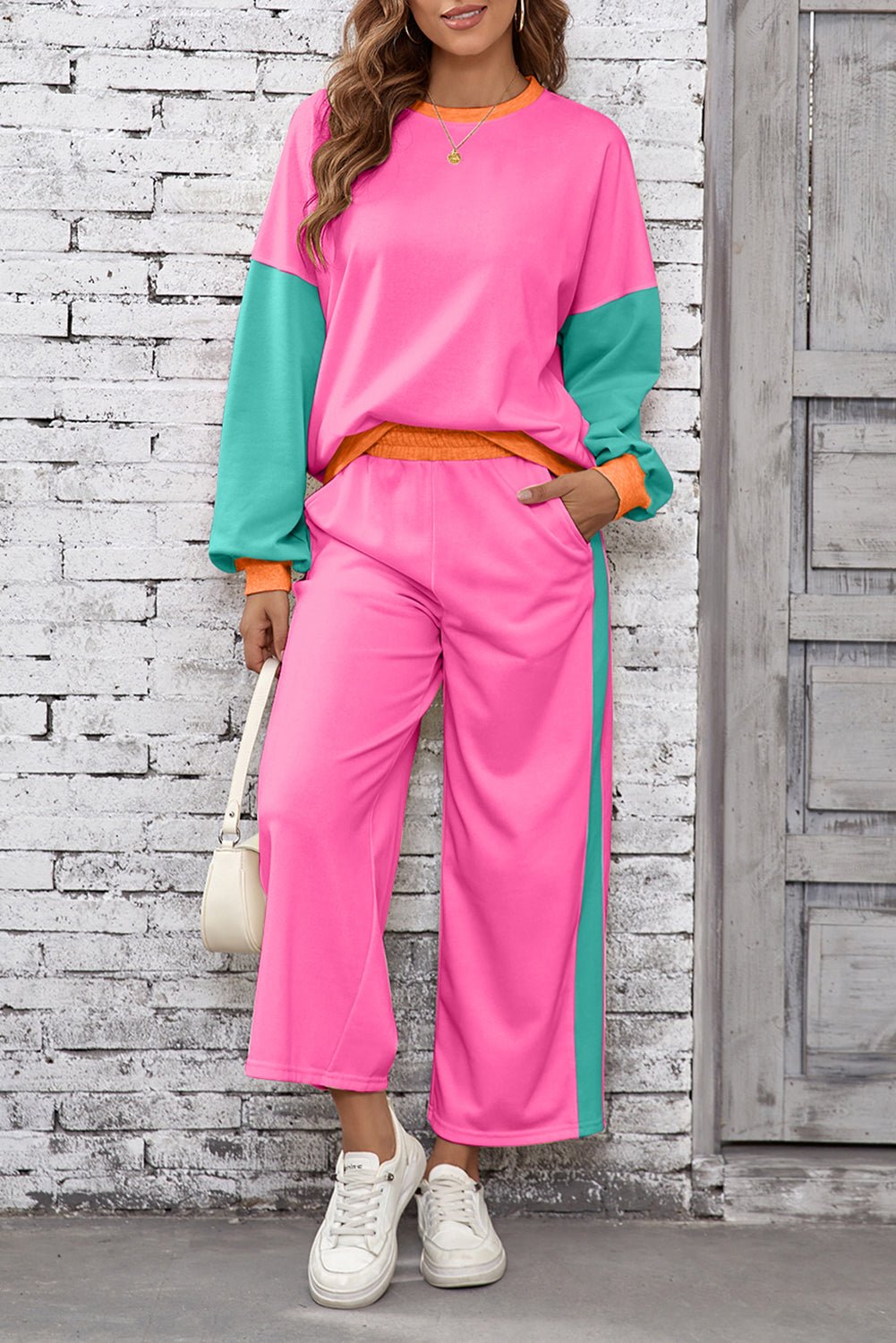 Rose Red Colorblock Patchwork Long Sleeve Top and Pants Set - MAD RUFFI