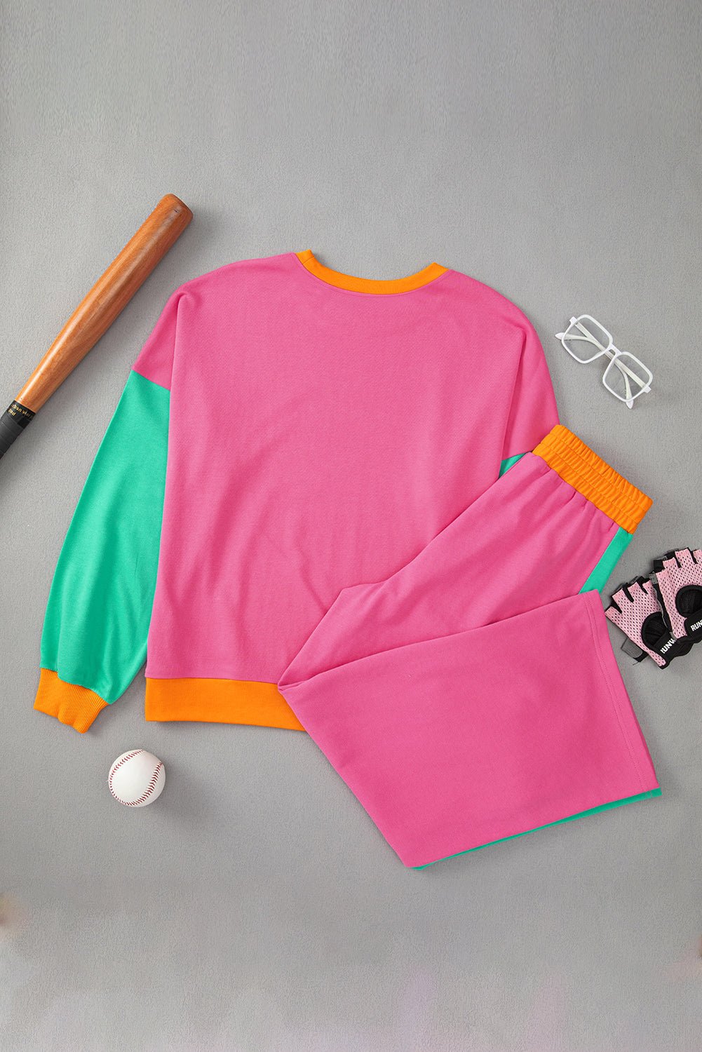 Rose Red Colorblock Patchwork Long Sleeve Top and Pants Set - MAD RUFFI