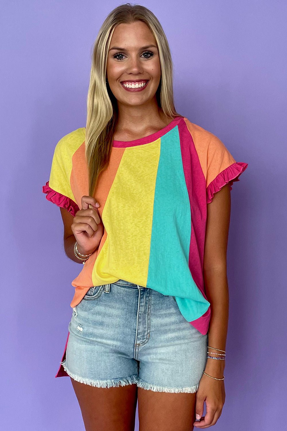 Rose Red Colorblock Ruffle Sleeve Loose Fit T Shirt - MAD RUFFI