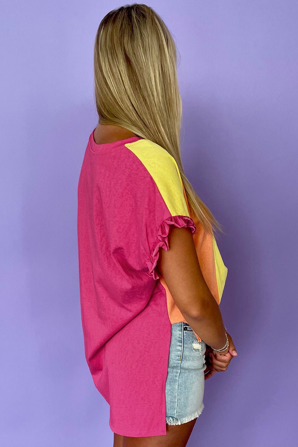Rose Red Colorblock Ruffle Sleeve Loose Fit T Shirt - MAD RUFFI