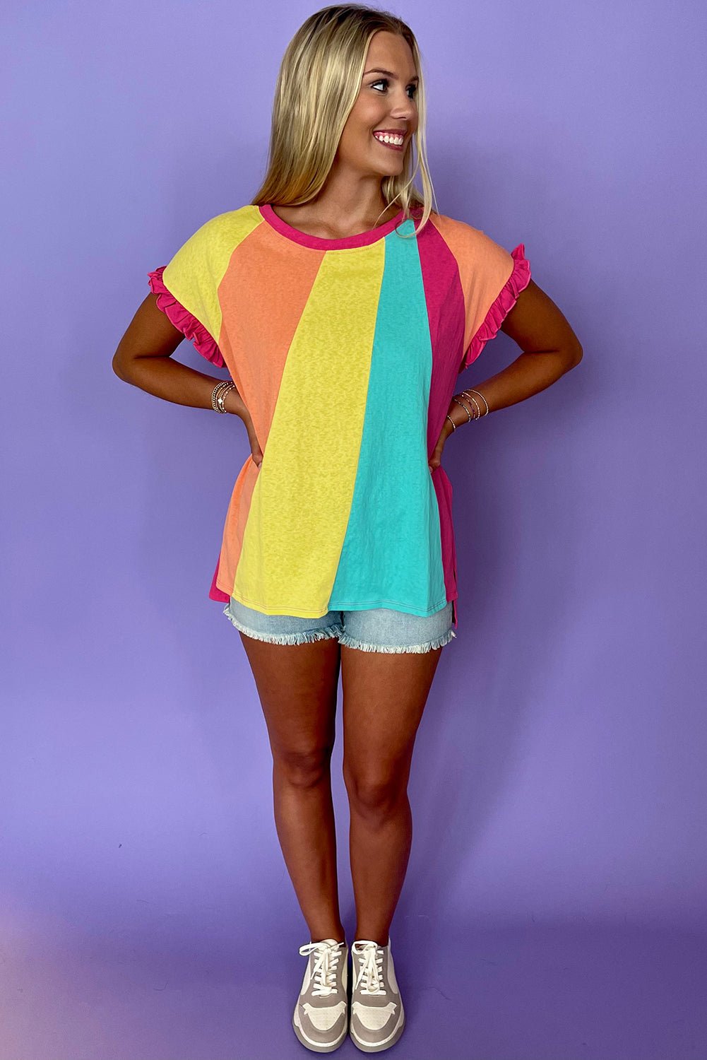 Rose Red Colorblock Ruffle Sleeve Loose Fit T Shirt - MAD RUFFI