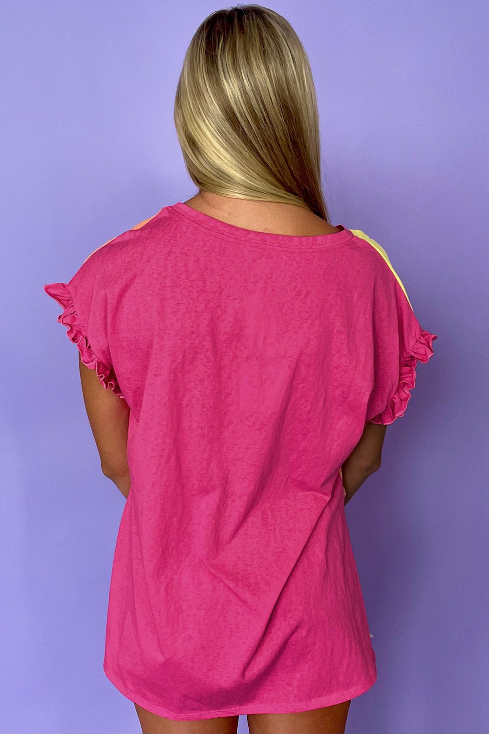 Rose Red Colorblock Ruffle Sleeve Loose Fit T Shirt - MAD RUFFI