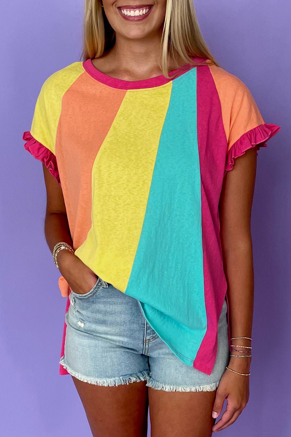 Rose Red Colorblock Ruffle Sleeve Loose Fit T Shirt - MAD RUFFI