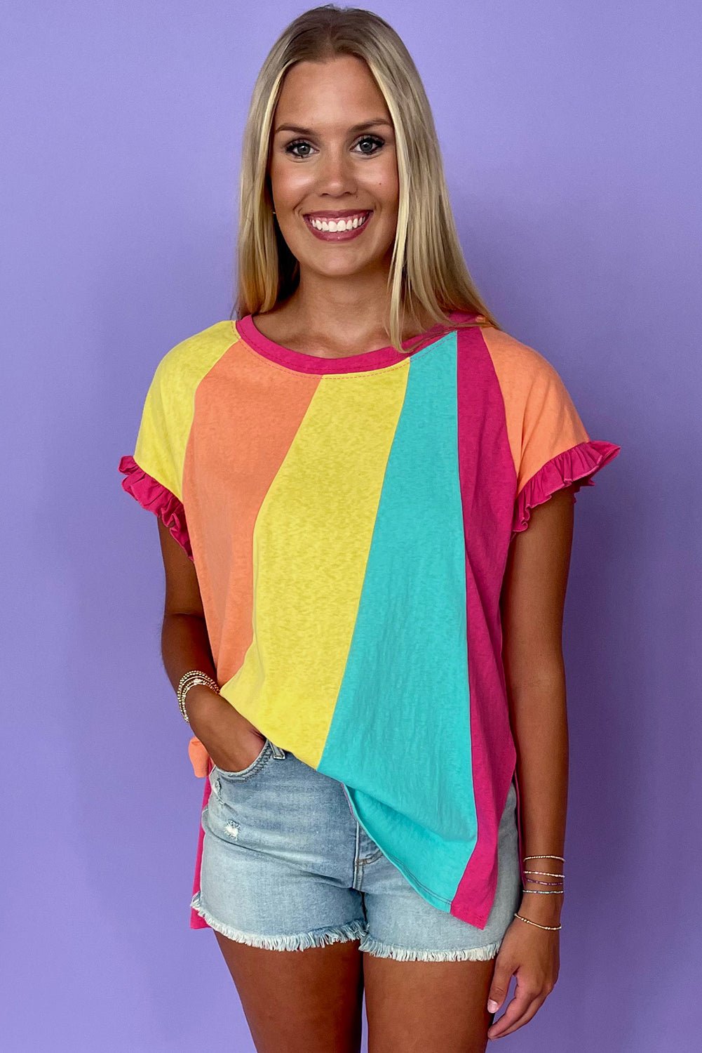 Rose Red Colorblock Ruffle Sleeve Loose Fit T Shirt - MAD RUFFI