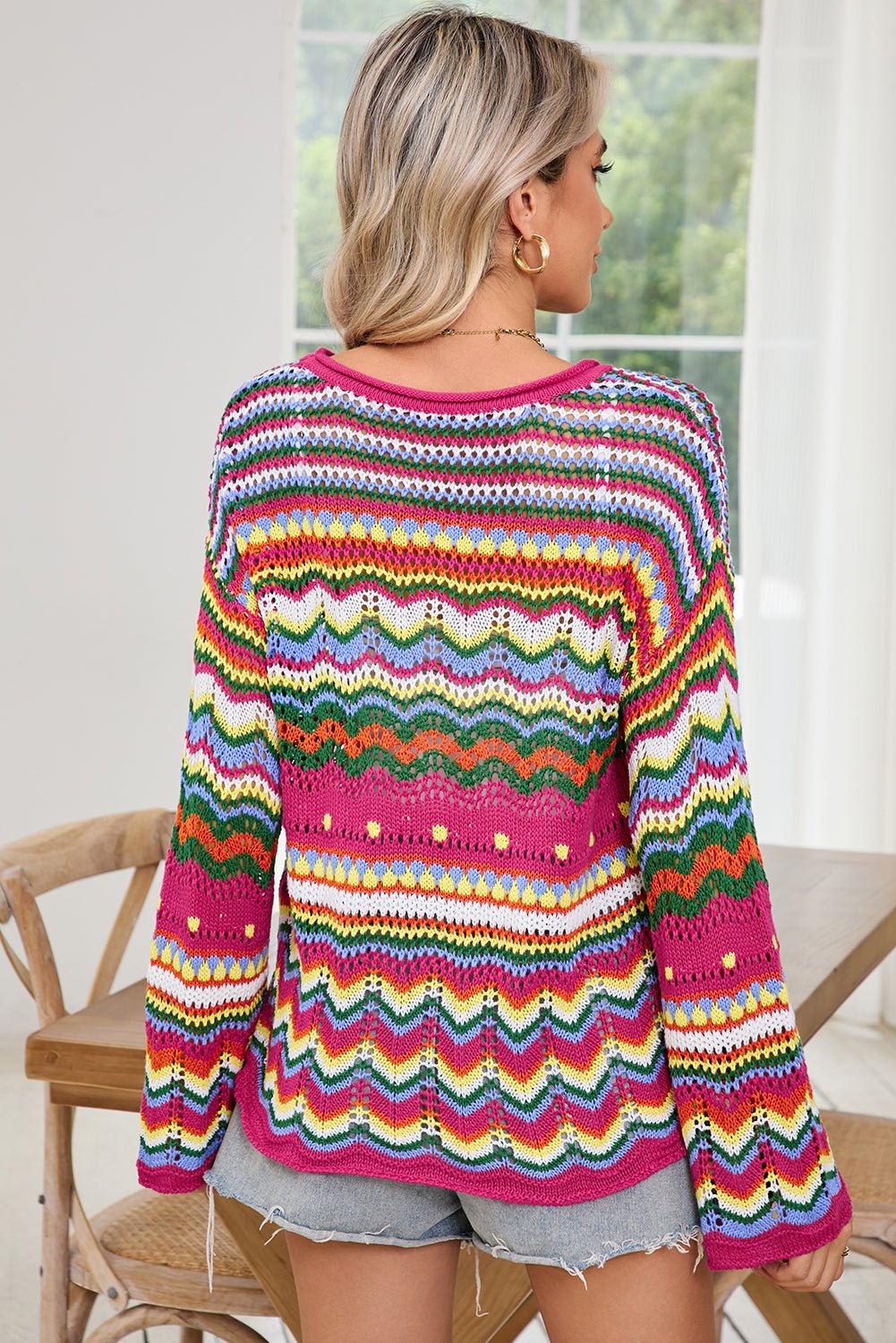 Rose Red Colorblock Striped Hollowed Knit Loose Sweater - MAD RUFFI