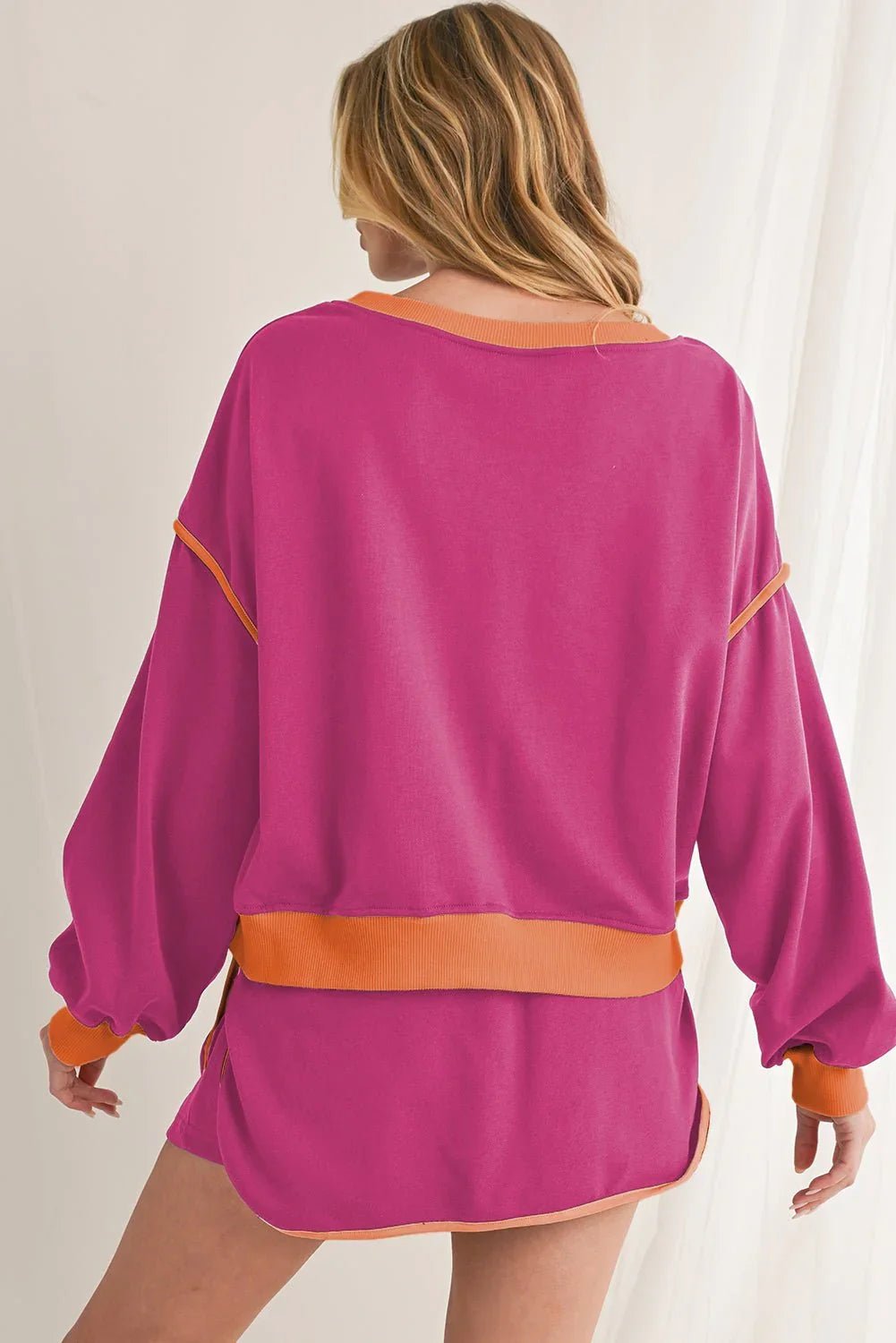 Rose Red Contrast Trim Loose Pullover and Lace - up Waist Shorts Set - MAD RUFFI