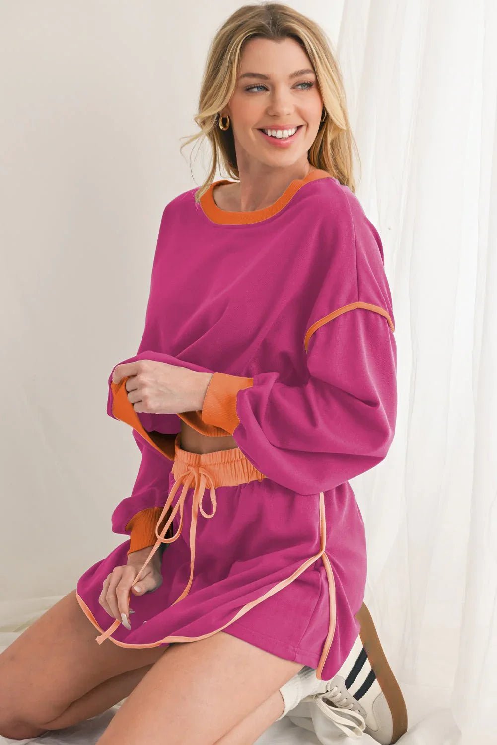 Rose Red Contrast Trim Loose Pullover and Lace - up Waist Shorts Set - MAD RUFFI