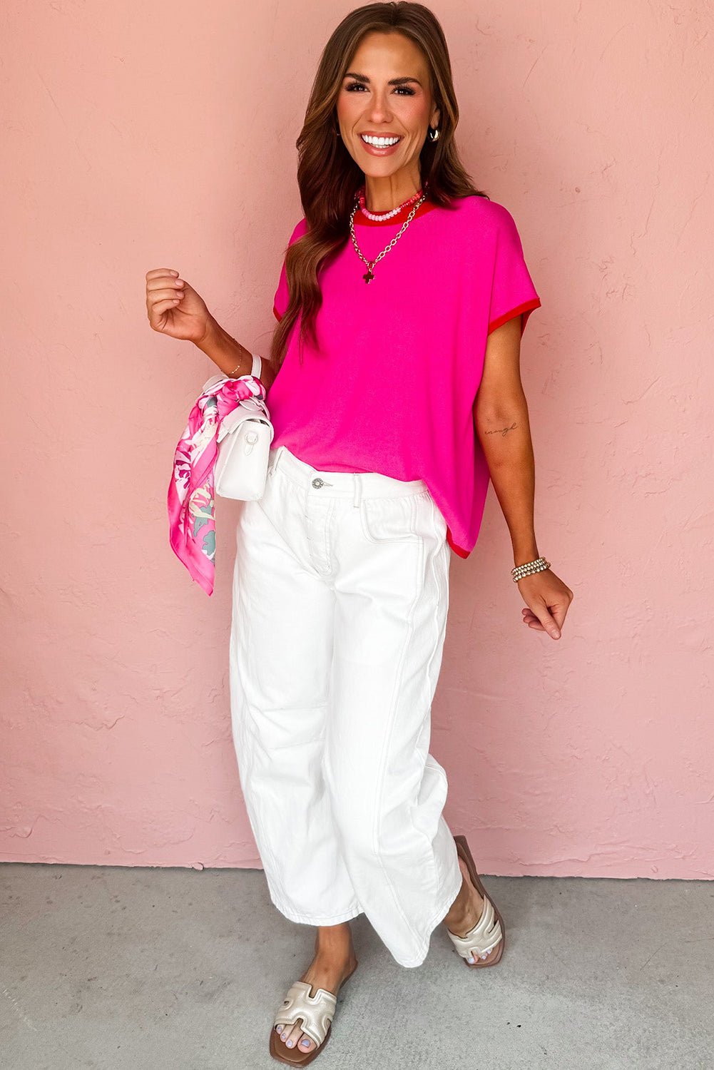 Rose Red Contrast Trim Round Neck Short Sleeve Loose Knit Top - MAD RUFFI