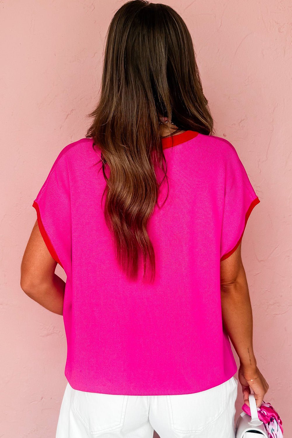Rose Red Contrast Trim Round Neck Short Sleeve Loose Knit Top - MAD RUFFI