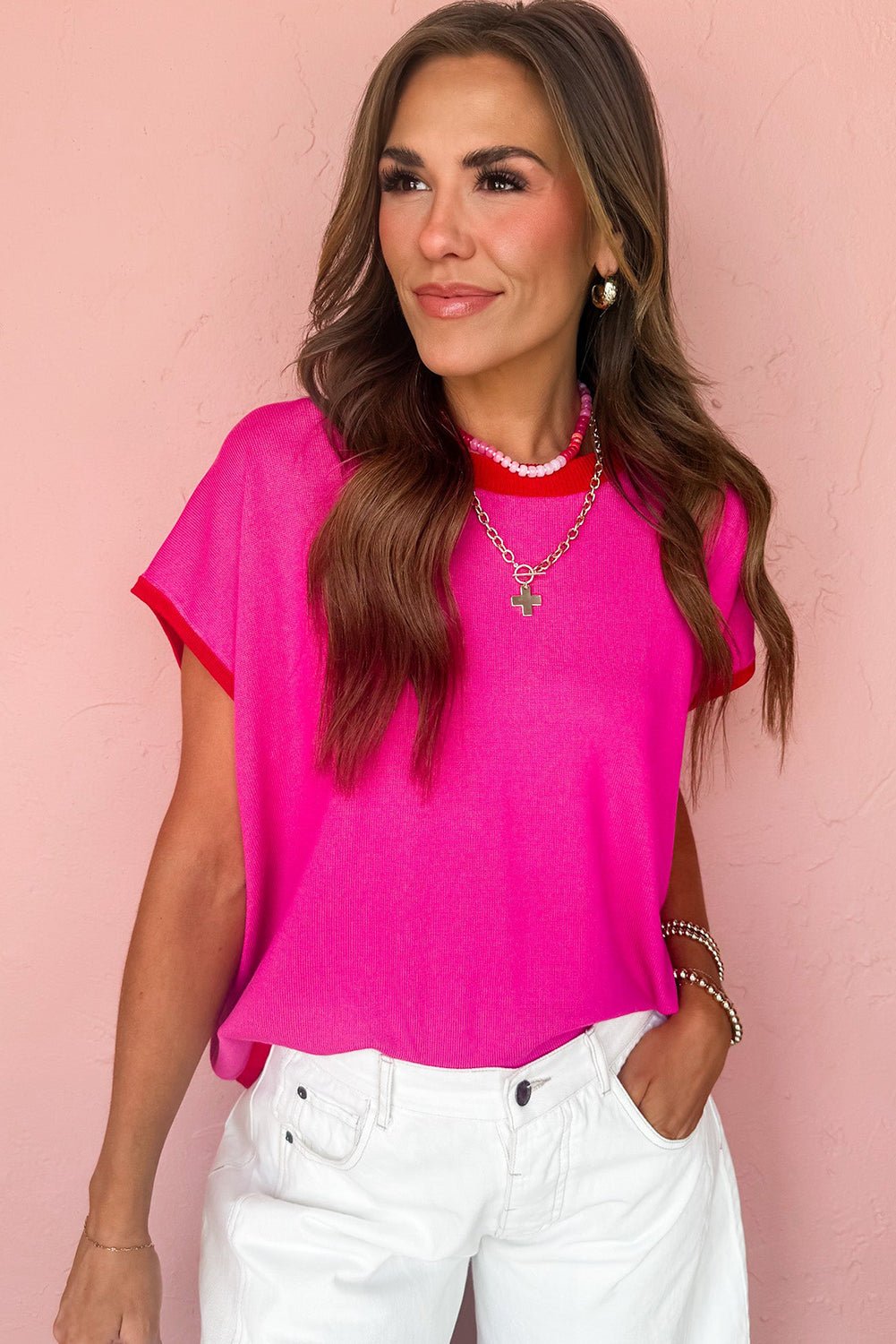 Rose Red Contrast Trim Round Neck Short Sleeve Loose Knit Top - MAD RUFFI