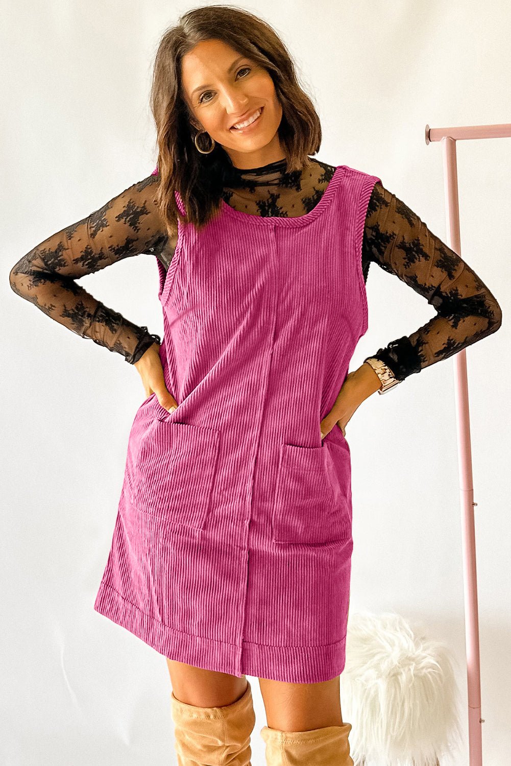 Rose Red Corduroy Exposed Seam Sleeveless Mini Dress - MAD RUFFI