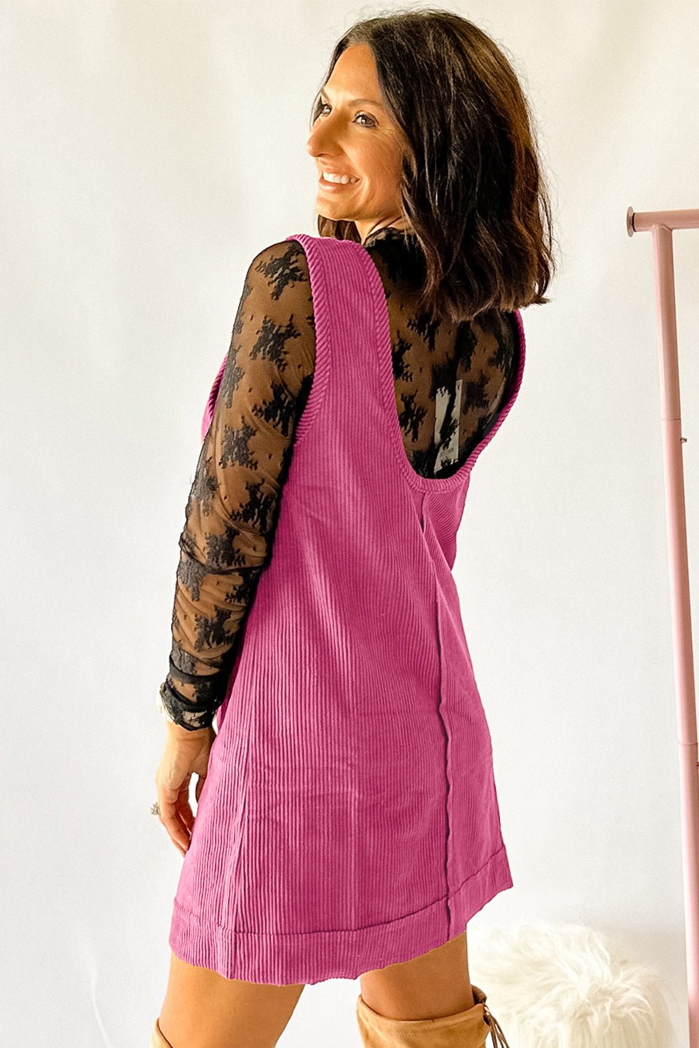 Rose Red Corduroy Exposed Seam Sleeveless Mini Dress - MAD RUFFI