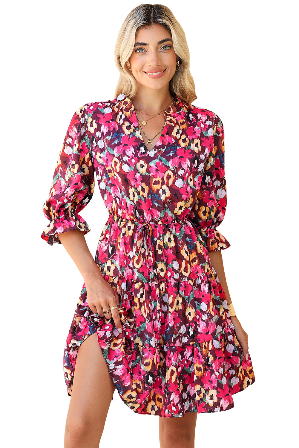 Rose Red Floral Print Drawstring Waist V Neck Mini Dress - MAD RUFFI