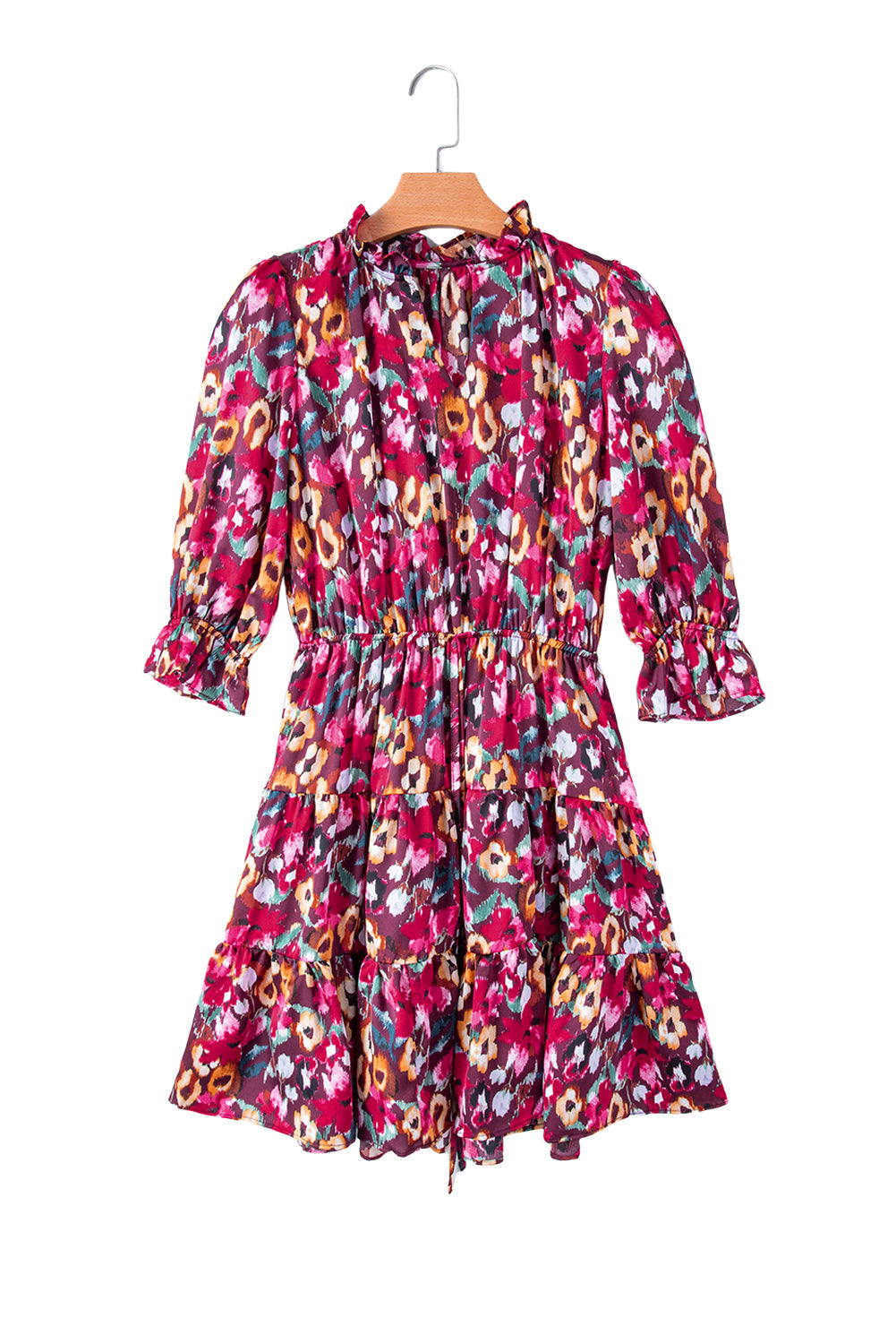 Rose Red Floral Print Drawstring Waist V Neck Mini Dress - MAD RUFFI