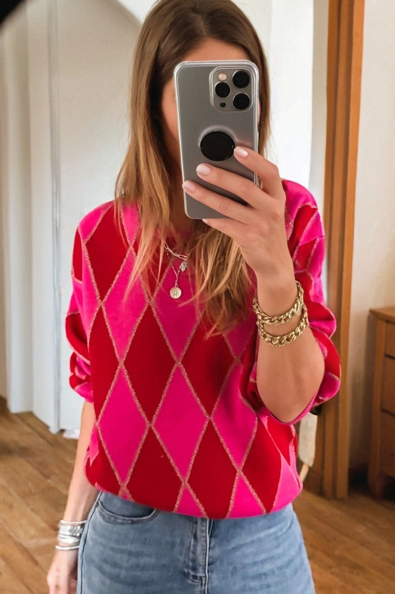 Rose Red Glitter Rhombus Pattern Knit Womens Casual Sweater - MAD RUFFI