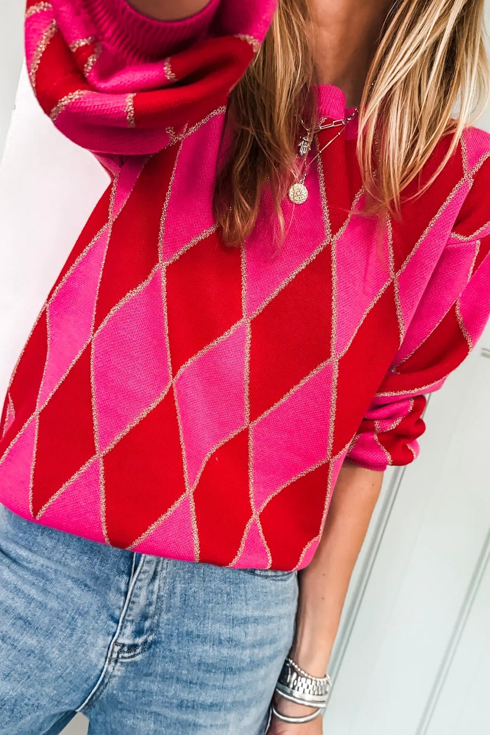 Rose Red Glitter Rhombus Pattern Knit Womens Casual Sweater - MAD RUFFI