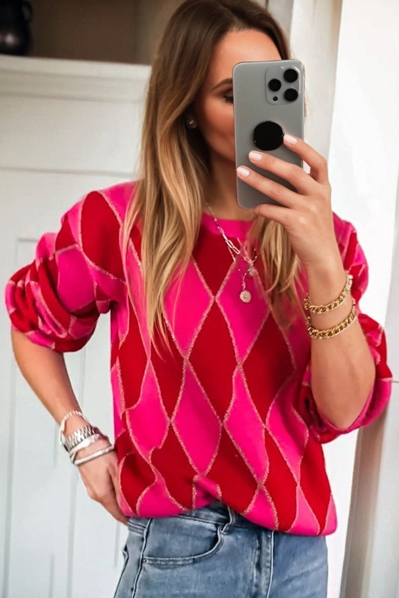 Rose Red Glitter Rhombus Pattern Knit Womens Casual Sweater - MAD RUFFI