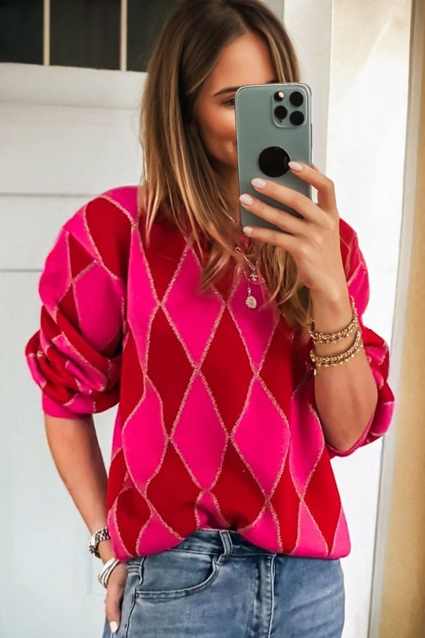 Rose Red Glitter Rhombus Pattern Knit Womens Casual Sweater - MAD RUFFI