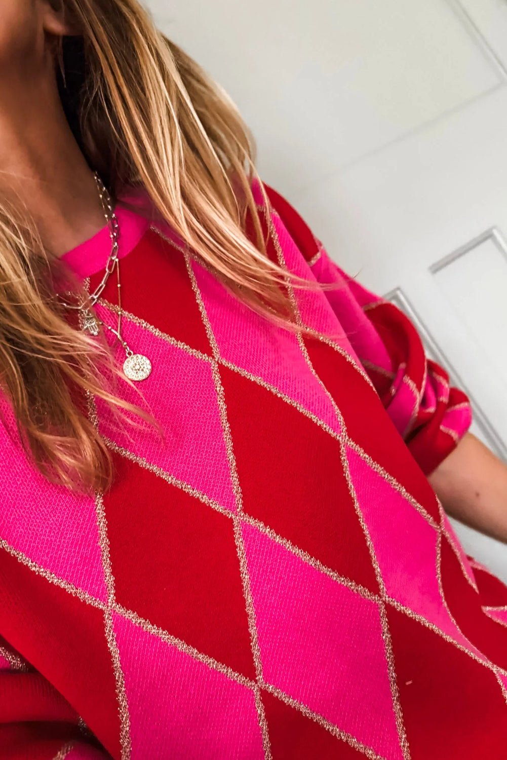 Rose Red Glitter Rhombus Pattern Knit Womens Casual Sweater - MAD RUFFI