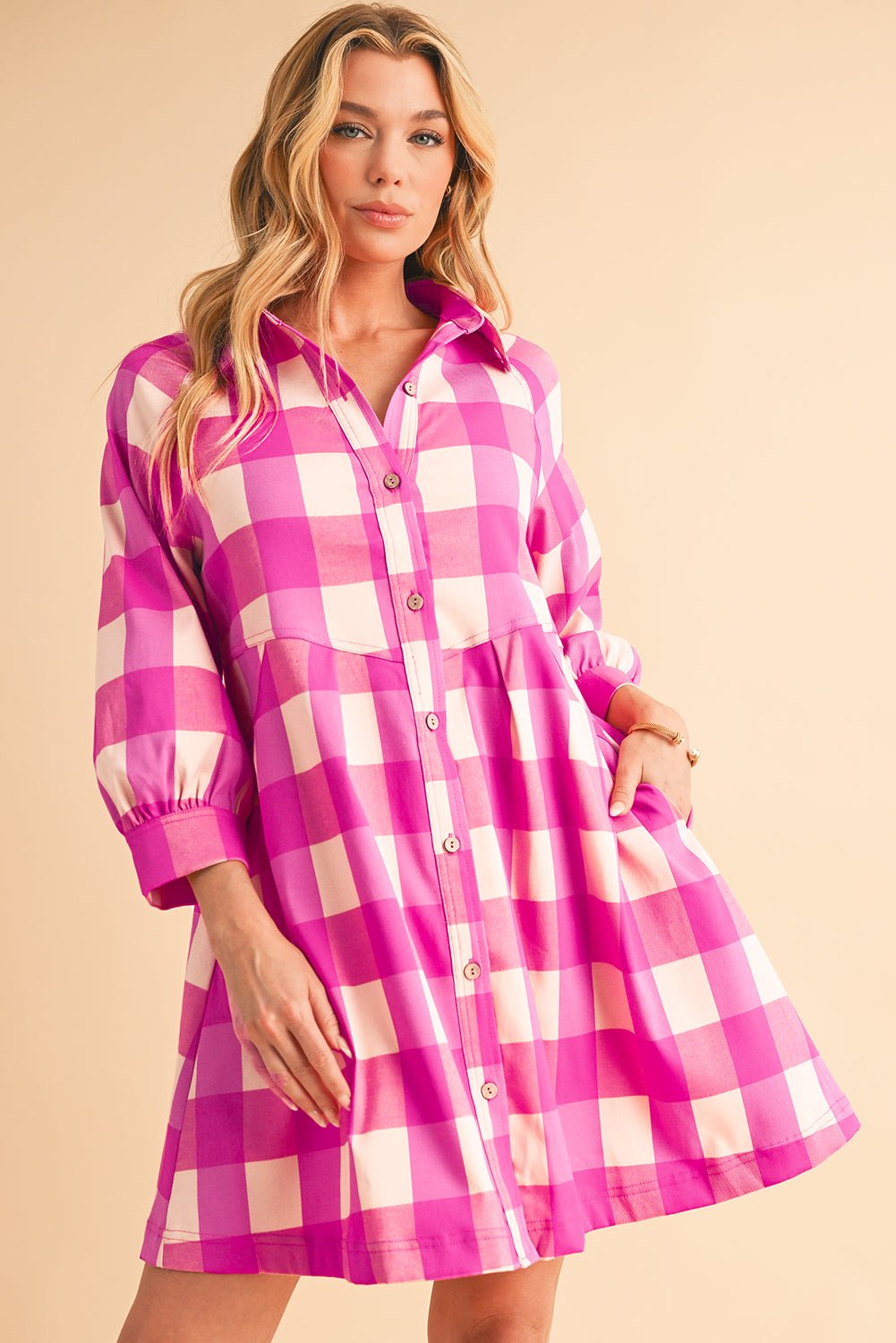 Rose Red Hidden Pocket Plaid Button Down Shirt Dress - MAD RUFFI