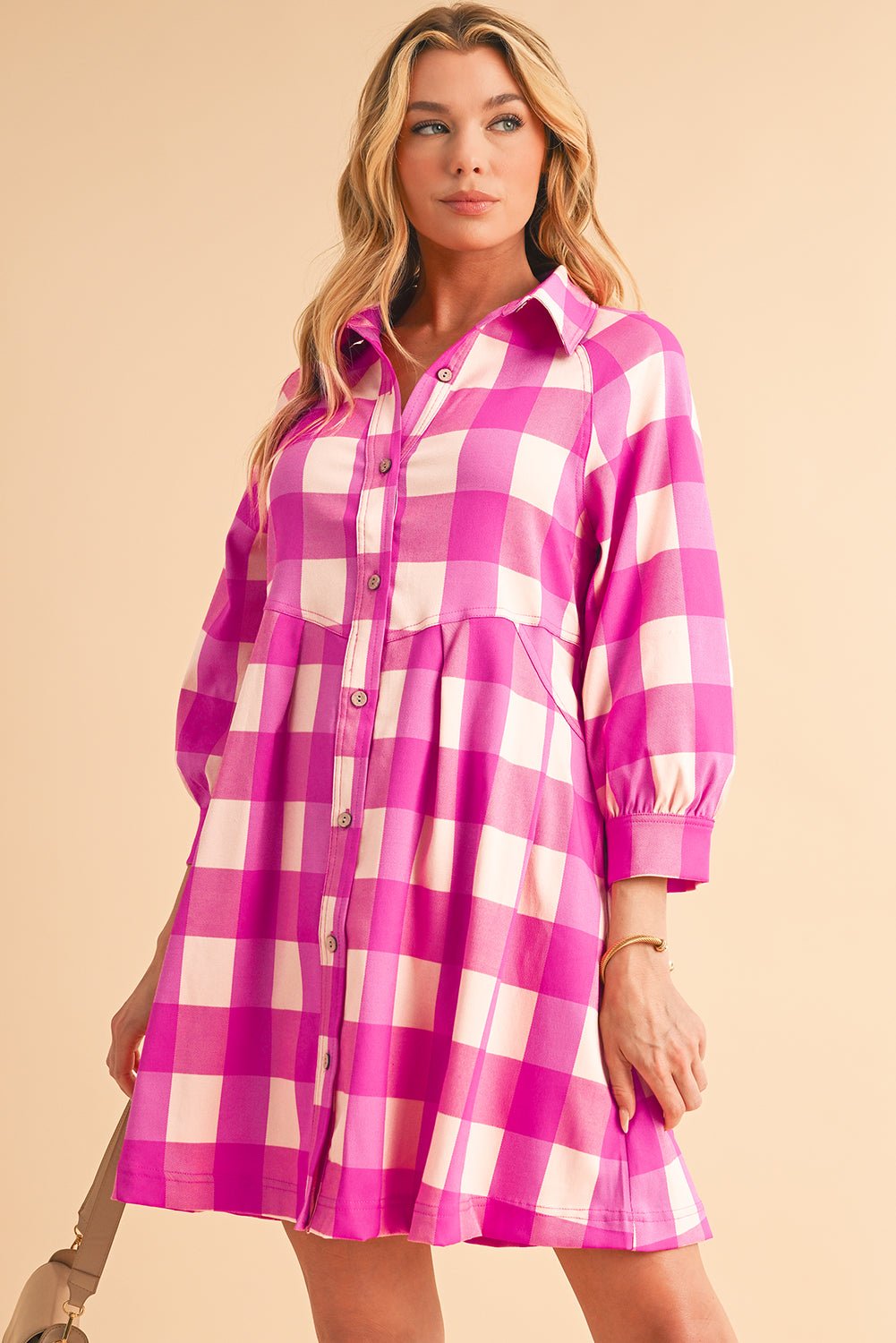 Rose Red Hidden Pocket Plaid Button Down Shirt Dress - MAD RUFFI