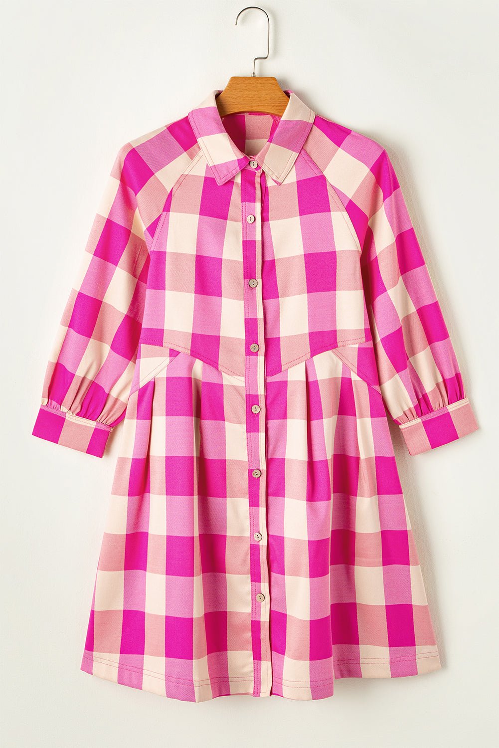 Rose Red Hidden Pocket Plaid Button Down Shirt Dress - MAD RUFFI