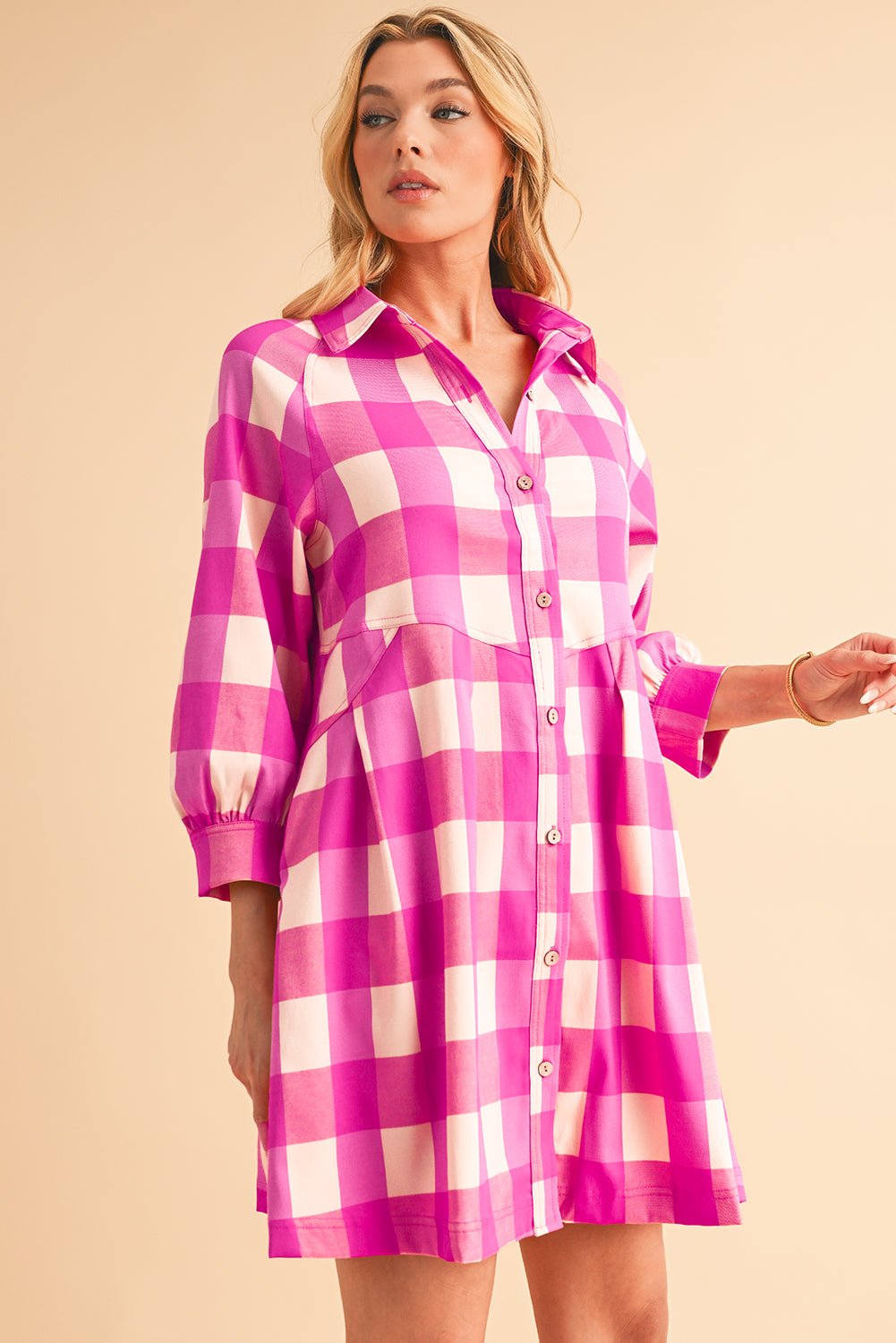 Rose Red Hidden Pocket Plaid Button Down Shirt Dress - MAD RUFFI