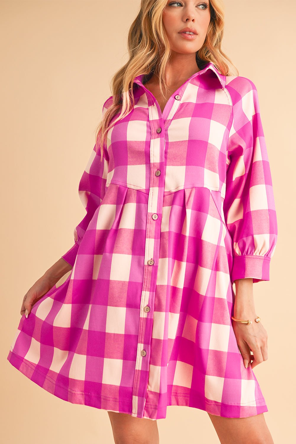 Rose Red Hidden Pocket Plaid Button Down Shirt Dress - MAD RUFFI